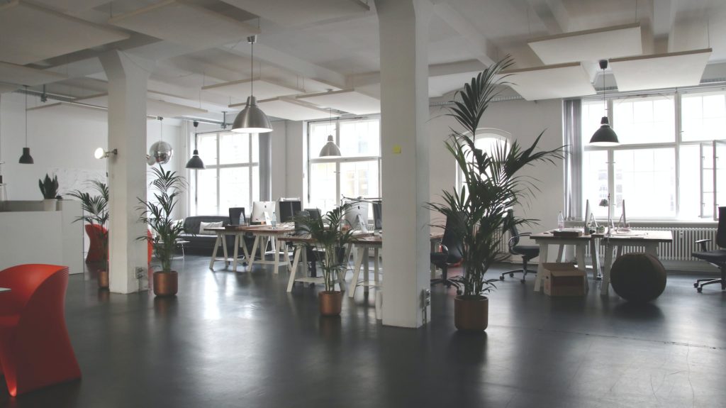 a well light office with plants and two red chairs